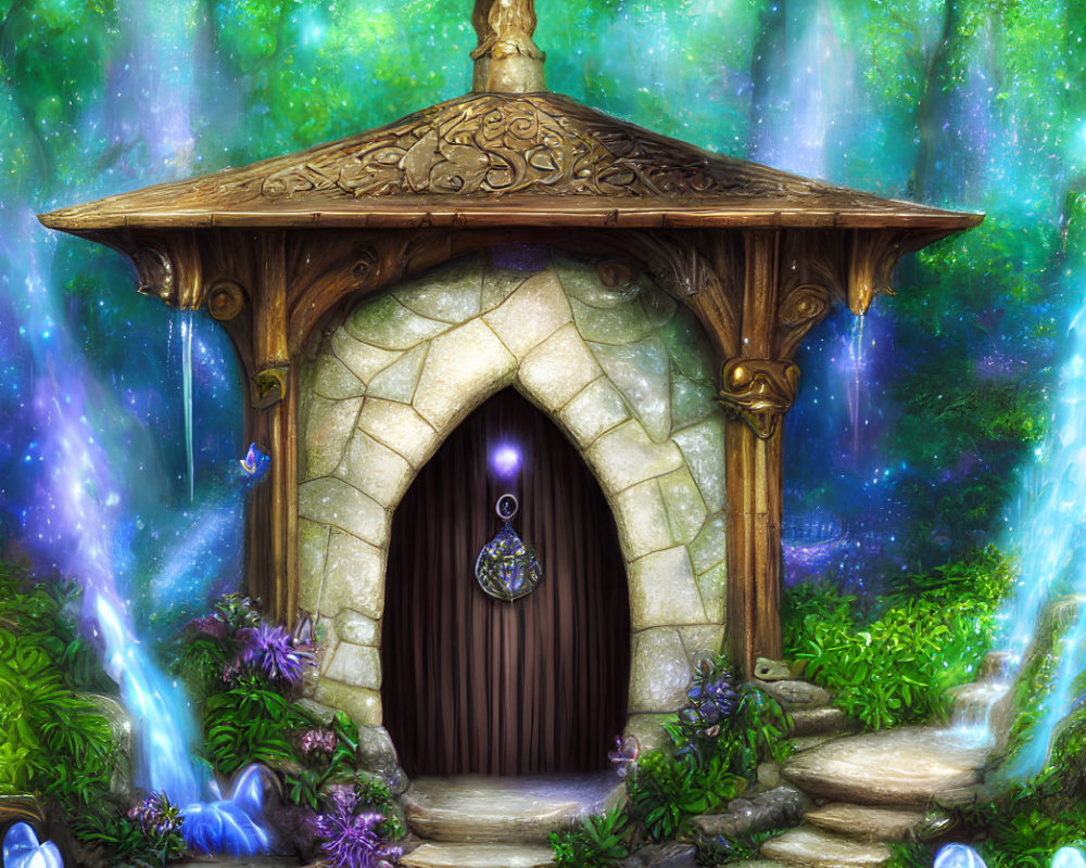 Captivating stone doorway in mystical forest with flowing streams and magic