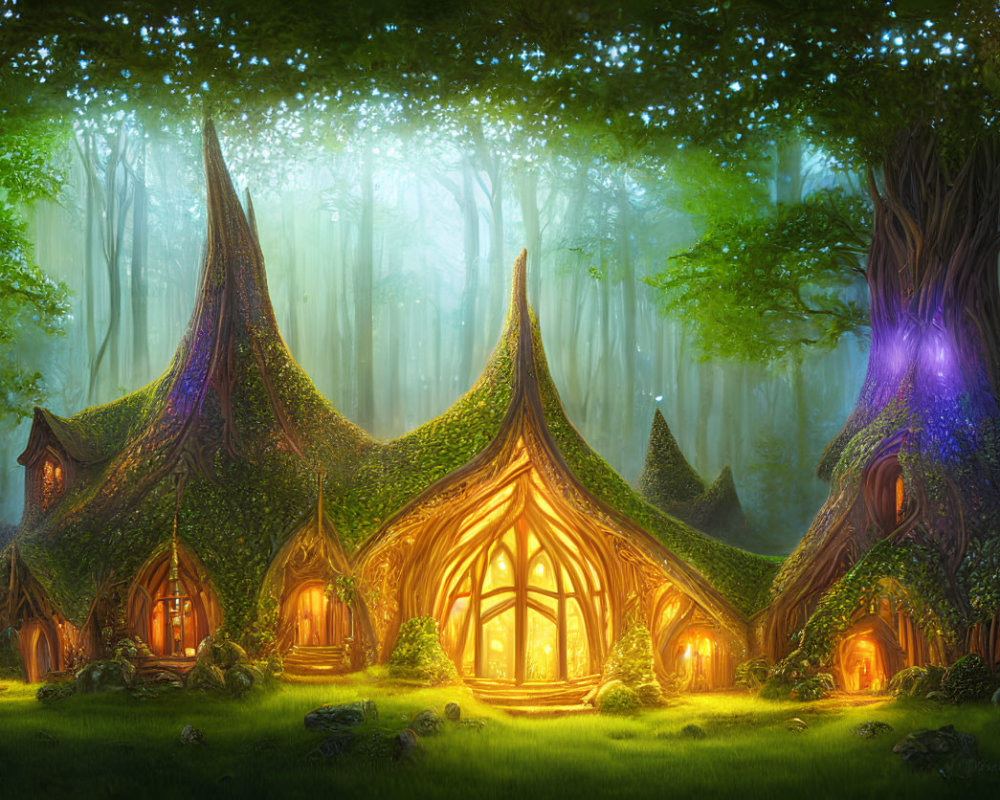 Whimsical treehouses in enchanted forest setting