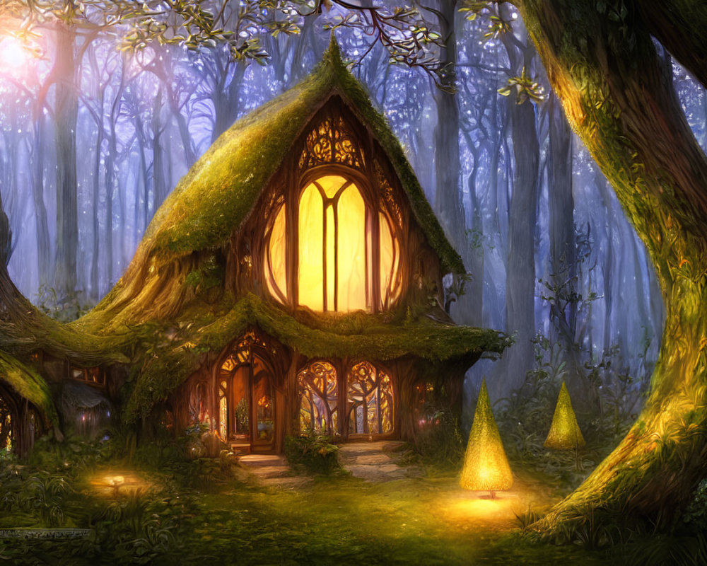 Enchanting forest scene with cozy moss-covered house and arched window.