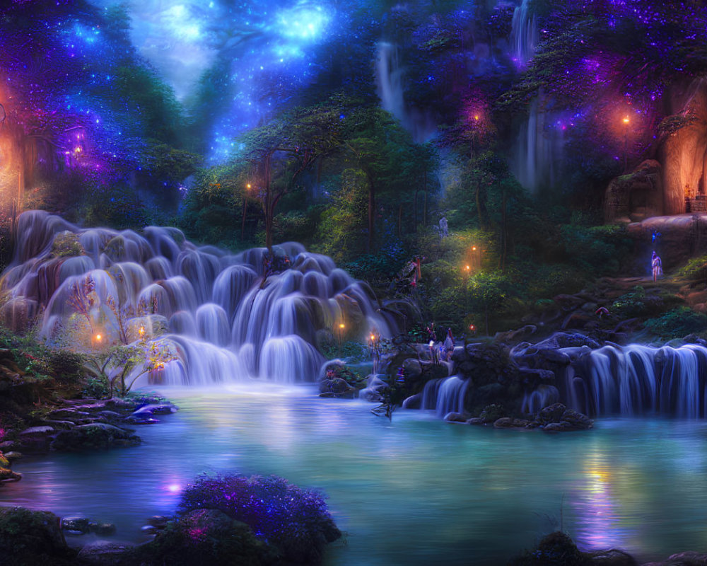 Magical nighttime landscape: waterfalls, glowing trees, starry sky, mysterious lights.