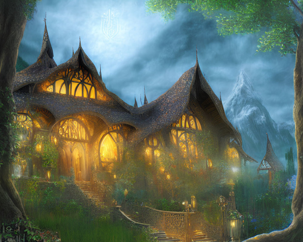 Enchanting fantasy house among trees with glowing windows, mountain backdrop, mystical symbol.