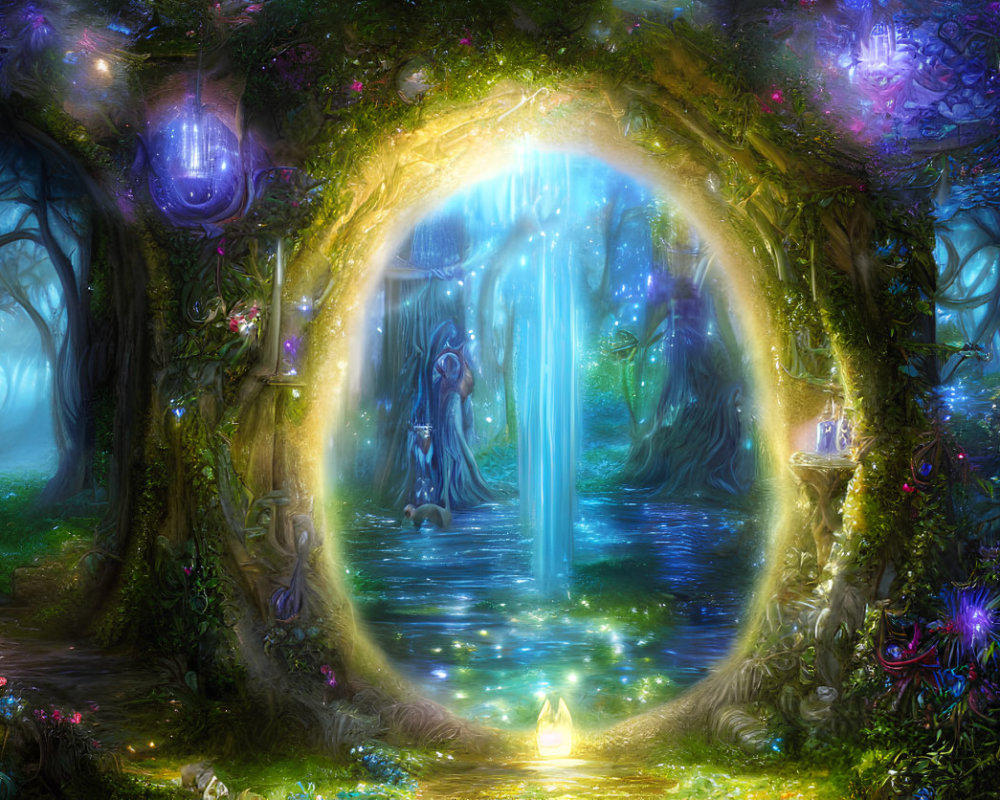 Enchanted forest with glowing archway, luminescent flora, and serene figure surrounded by shimmer