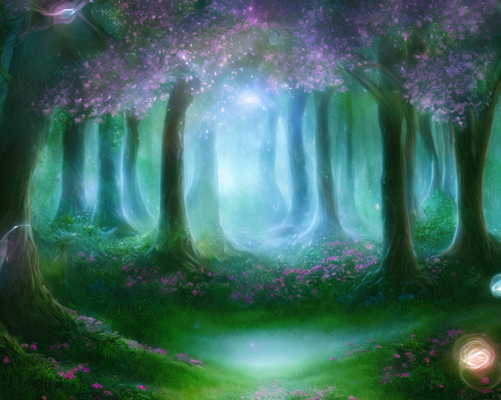Enchanting forest glade with glowing orbs and purple blossoming trees