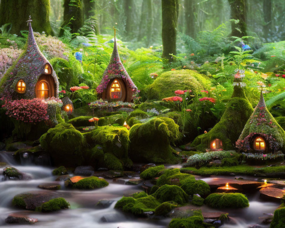 Enchanted Forest Scene with Fairy-Tale Cottages and Lush Greenery