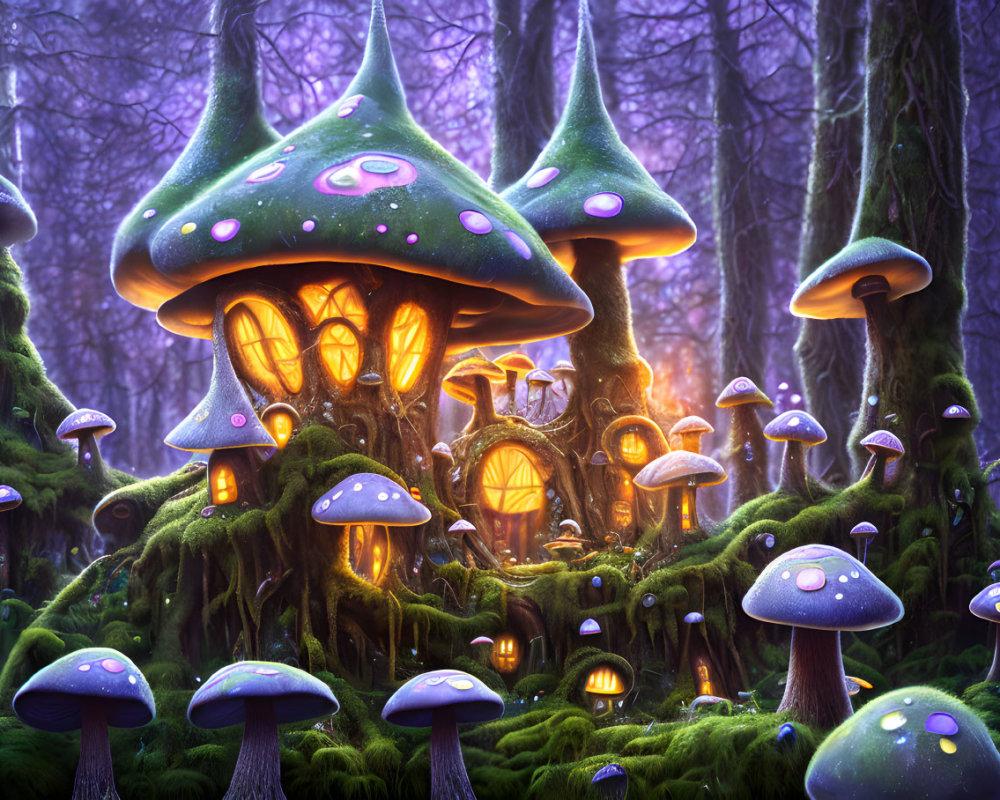Vibrant fantasy mushroom houses in mystical forest