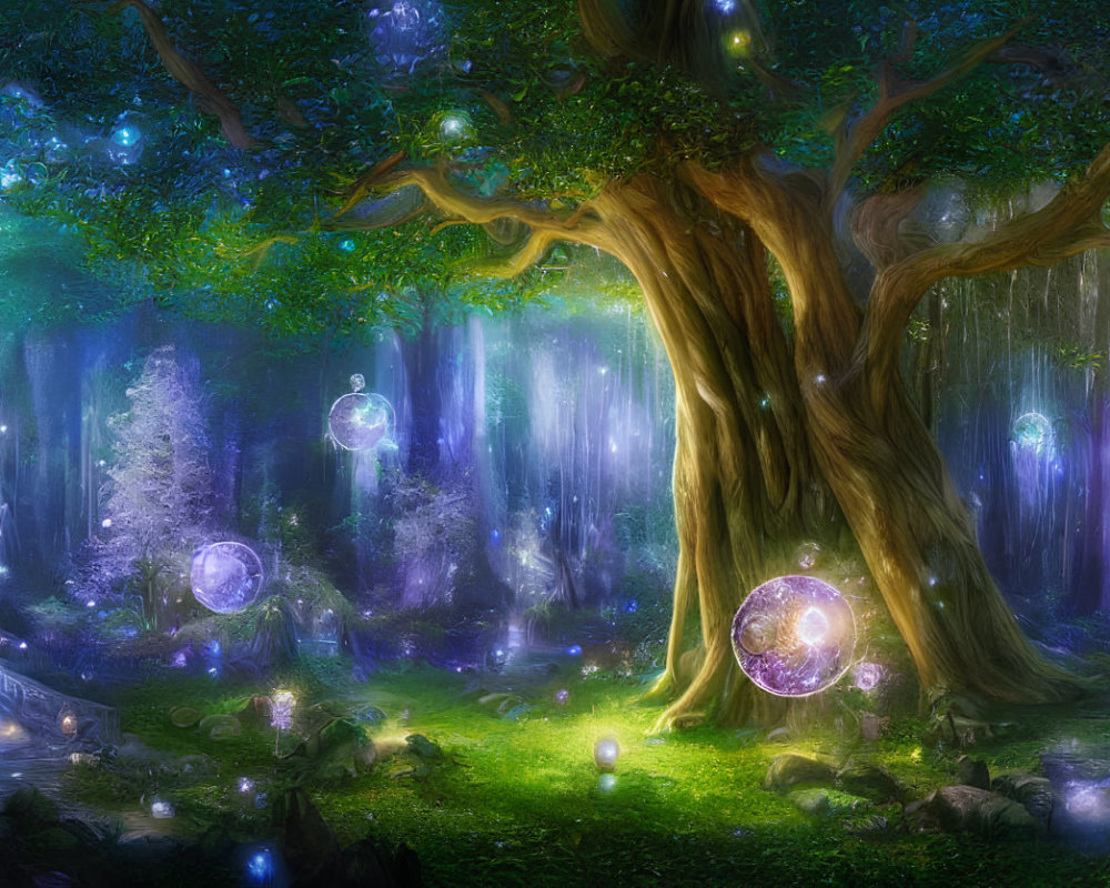 Enchanting forest scene with glowing orbs, misty light, and luminous plants