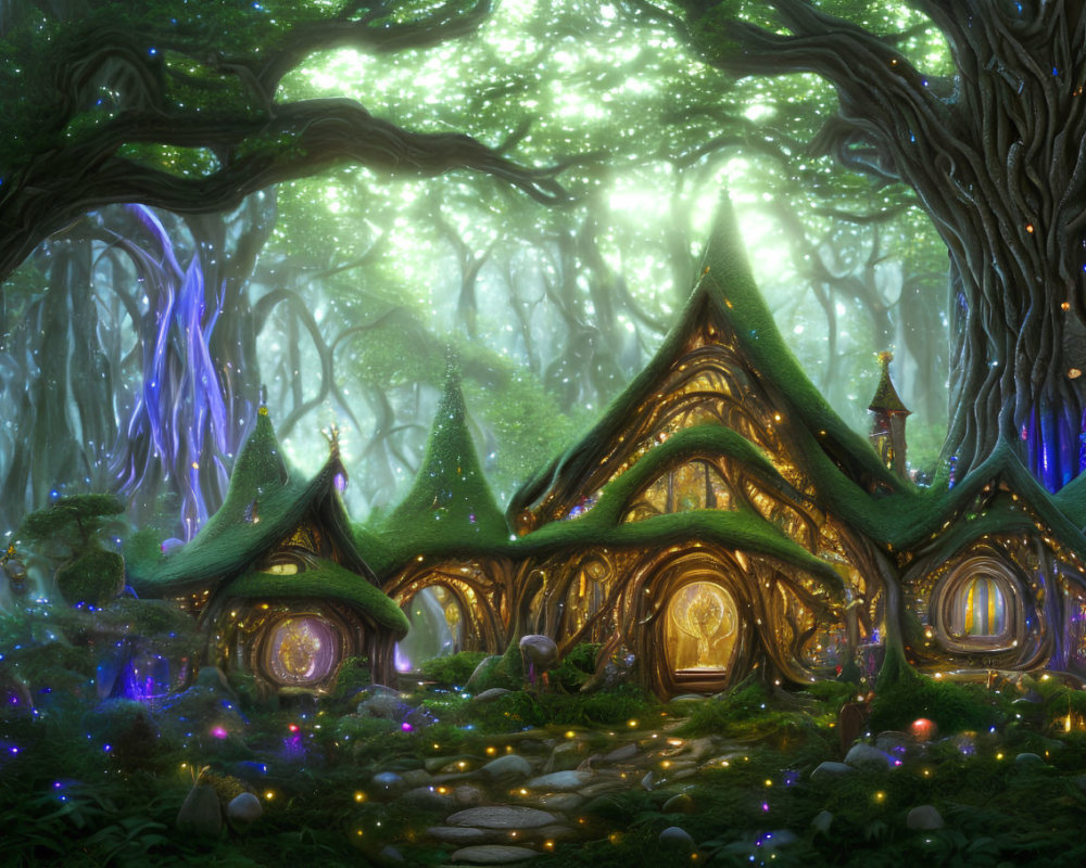 Enchanting forest with glowing flora and whimsical treehouses in mystical light
