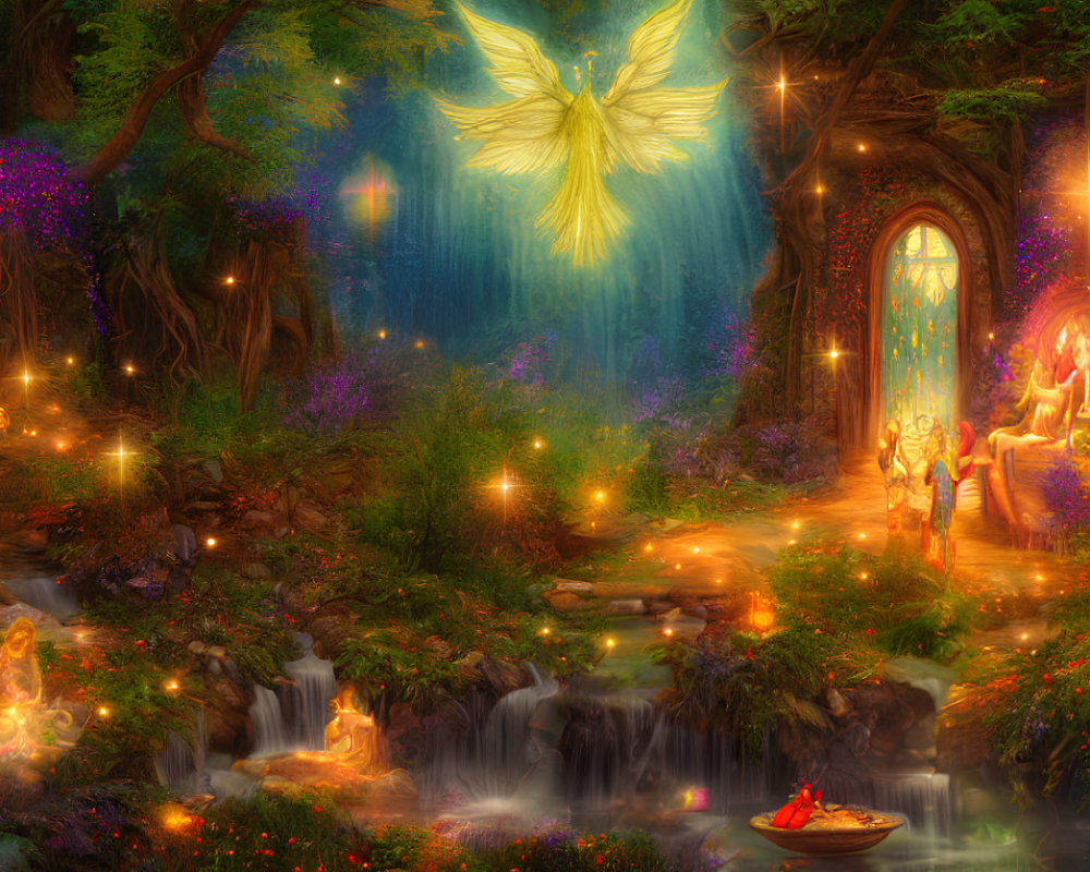 Ethereal fantasy scene with glowing winged creature, serene stream, lush foliage, flowers, mystical