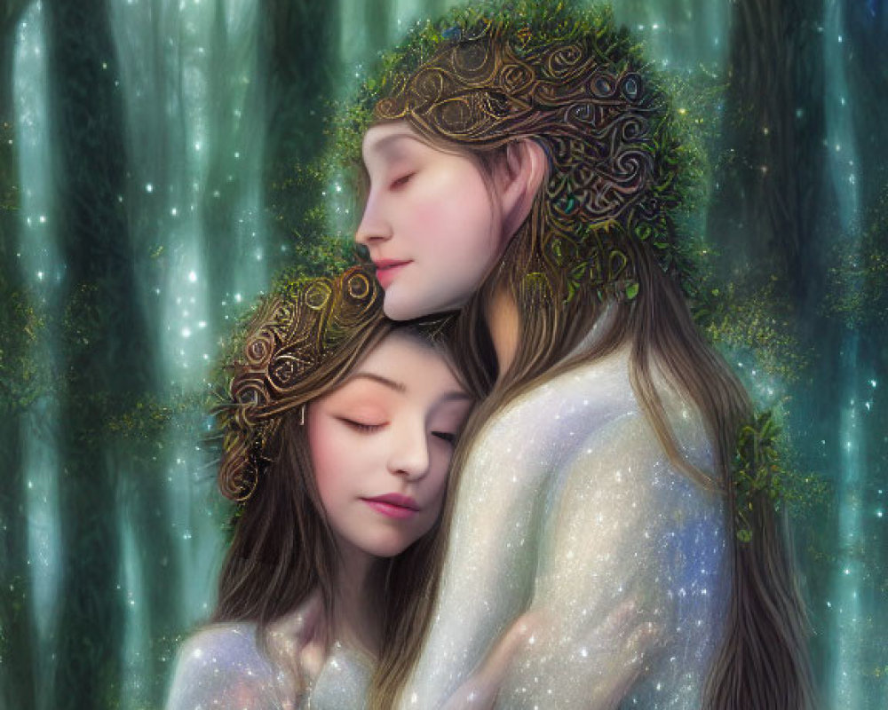 Ethereal figures with ornate crowns embrace in mystical forest