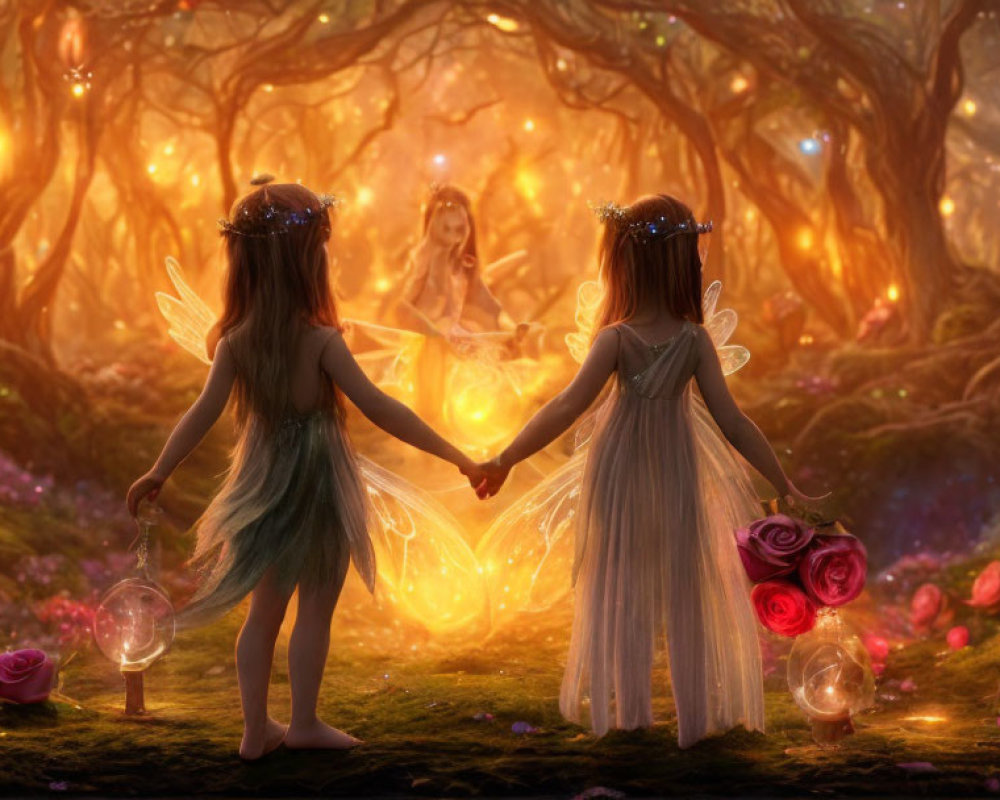 Young girls as fairies in enchanted forest at dusk