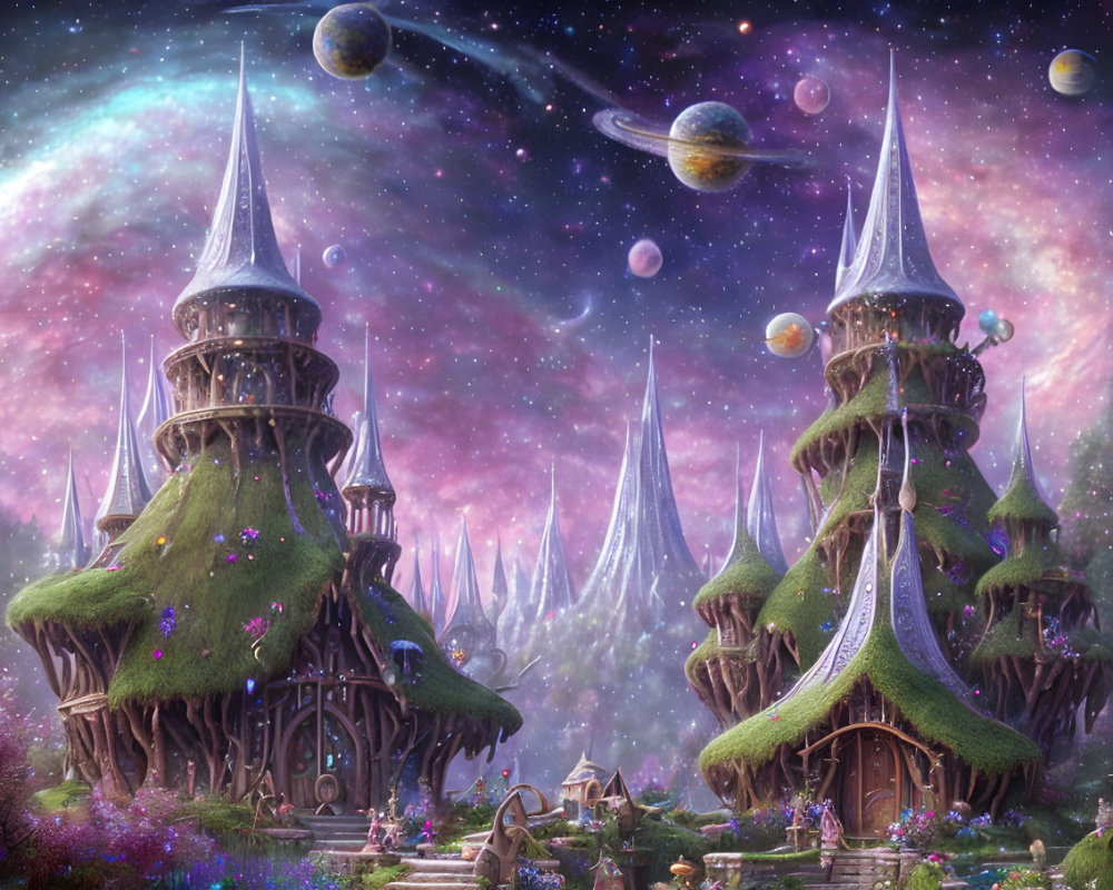 Enchanting Treehouses and Celestial Sky in Fantasy Landscape
