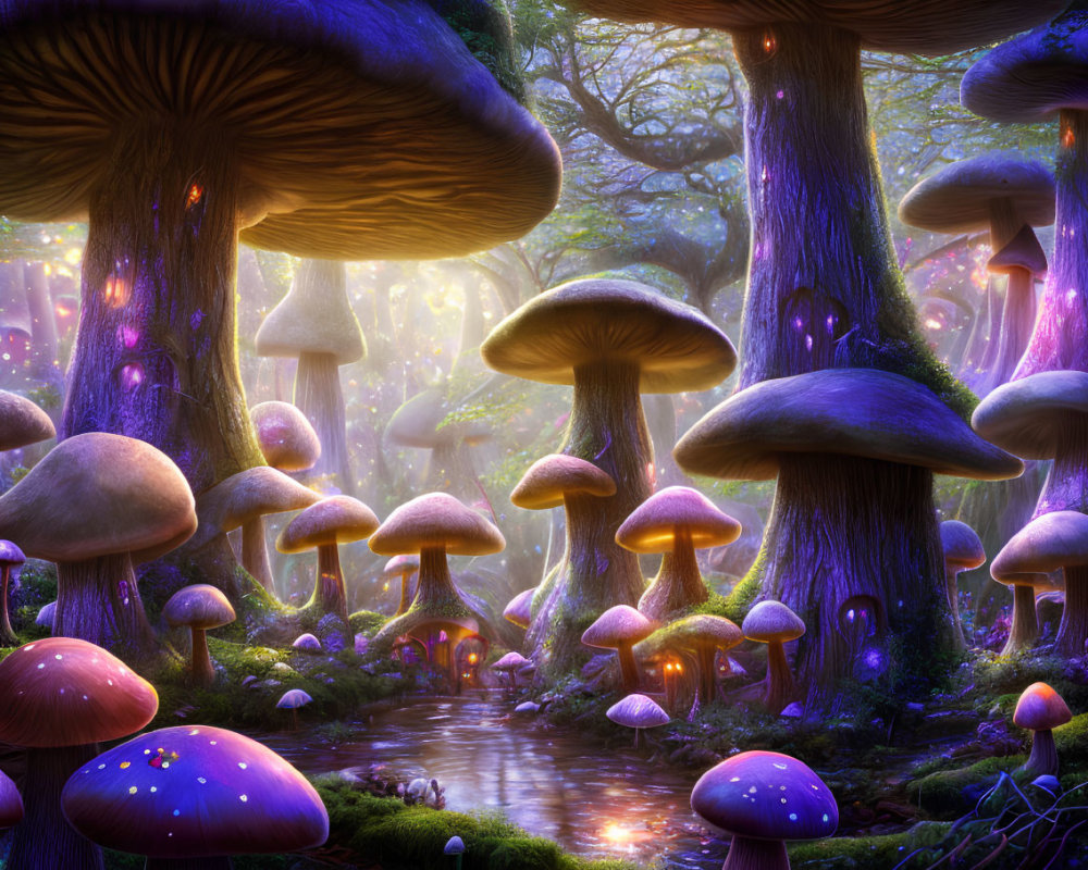 Vibrantly colored mushrooms in mystical forest with brook