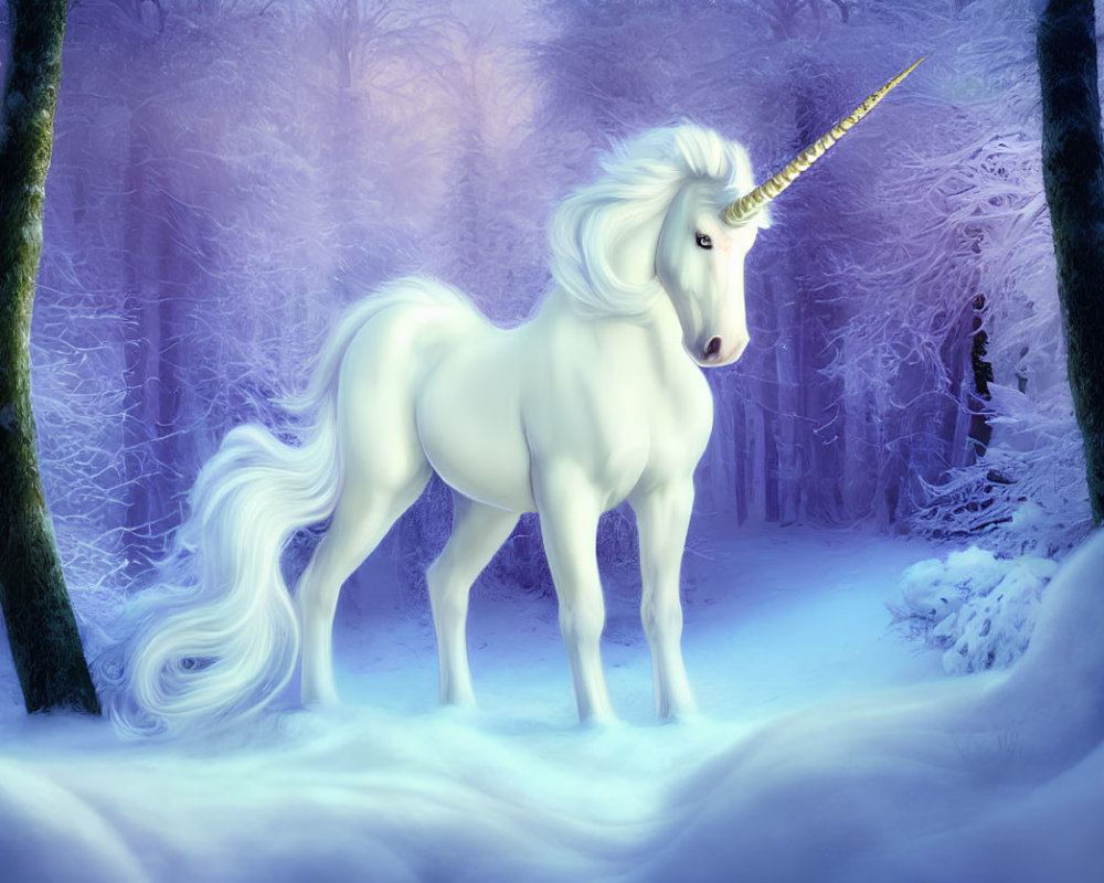 White unicorn with golden horn in snowy enchanted forest