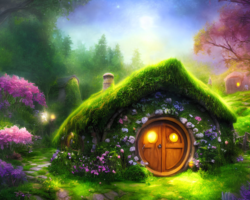 Enchanted forest cottage with round door and lush greenery