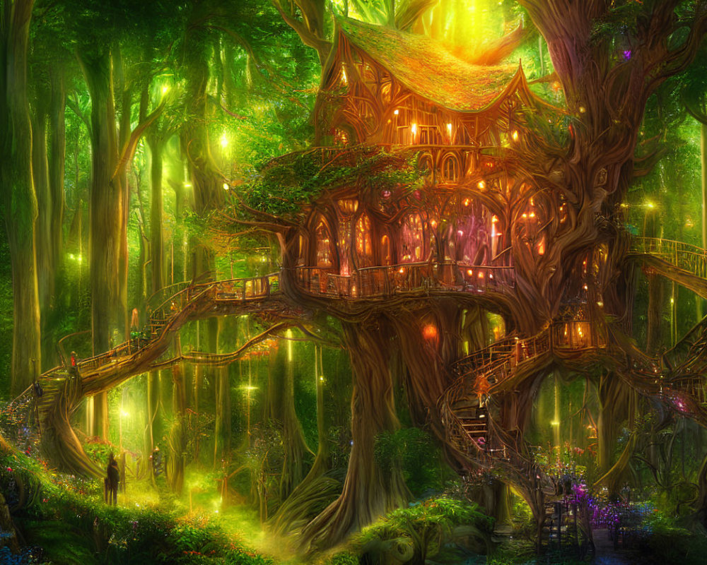 Enchanting treehouse with wooden pathways in mystical forest