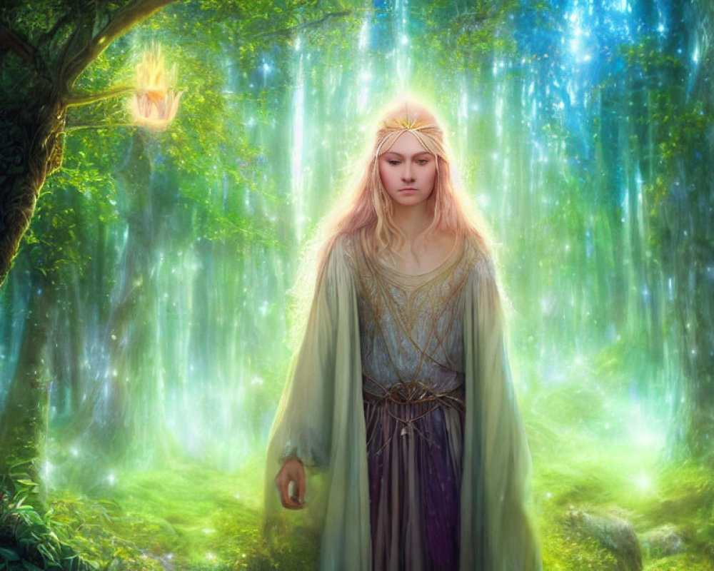 Blonde woman with golden crown in enchanted forest with orb