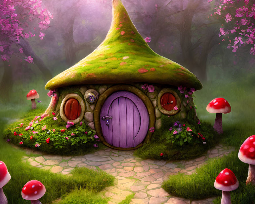 Illustration of fairy-tale mushroom house in misty forest with vibrant flowers