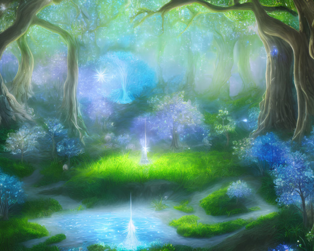 Enchanting Forest Glade with Blue and Purple Flora and Tranquil Pond