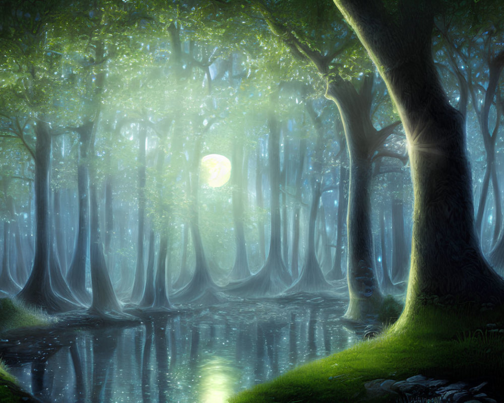 Mystical forest with towering trees, moonlit water, and blue fog
