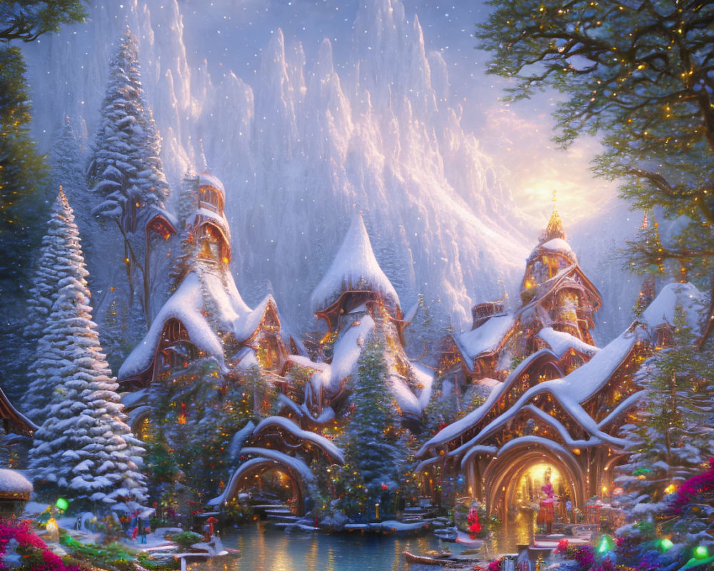 Snowy Fantasy Village with Illuminated Houses and Mountains at Twilight