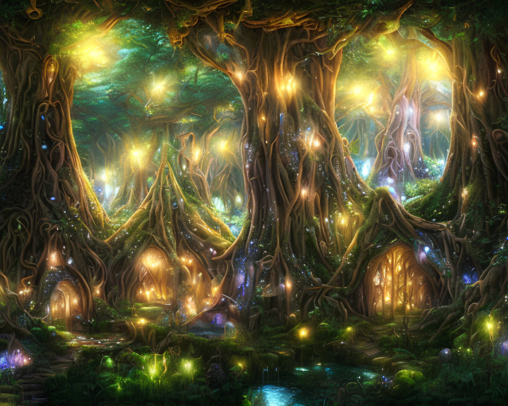 Luminous Forest with Glowing Trees and Treehouse Dwellings