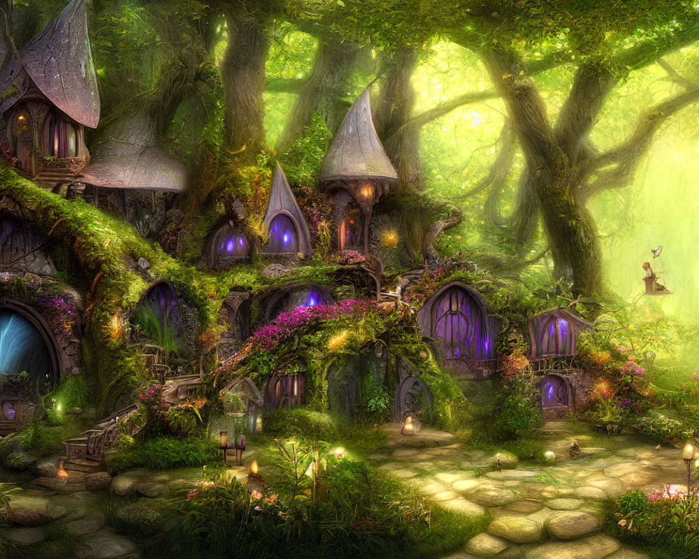 Whimsical tree houses in enchanted forest scene