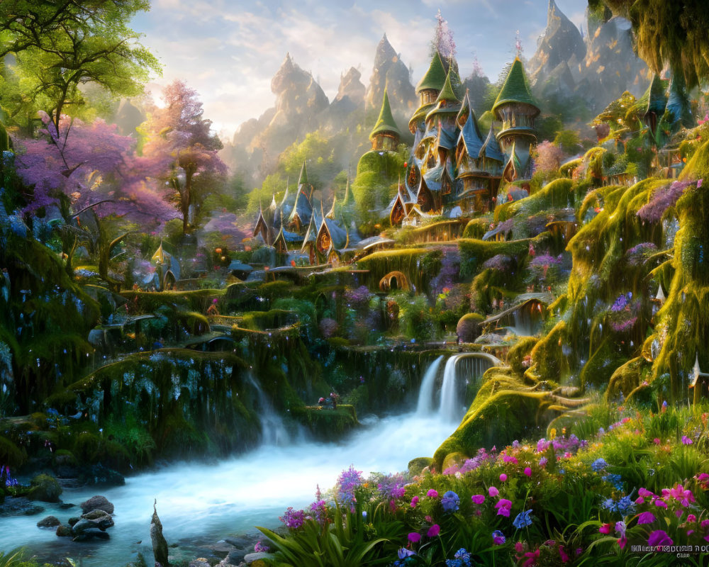 Fantasy landscape with waterfalls, greenery, towers, and blooming trees