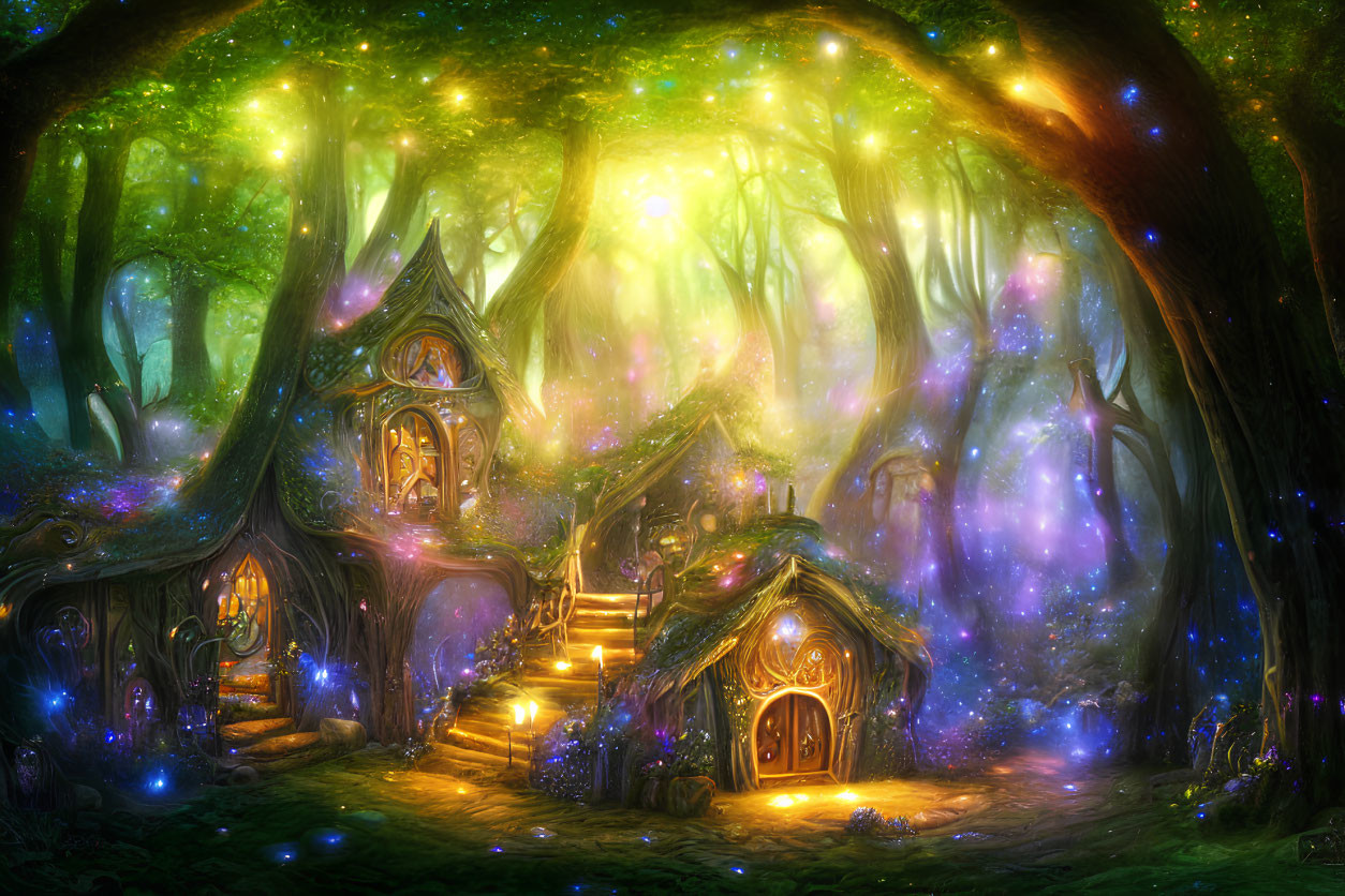 Enchanted forest scene with whimsical treehouses and glowing lights
