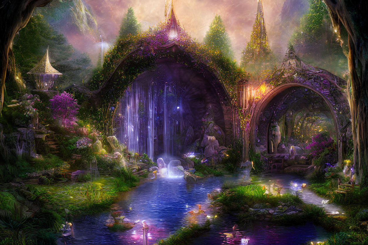 Fantasy landscape with glowing waterfall, ethereal trees, archways, serene river