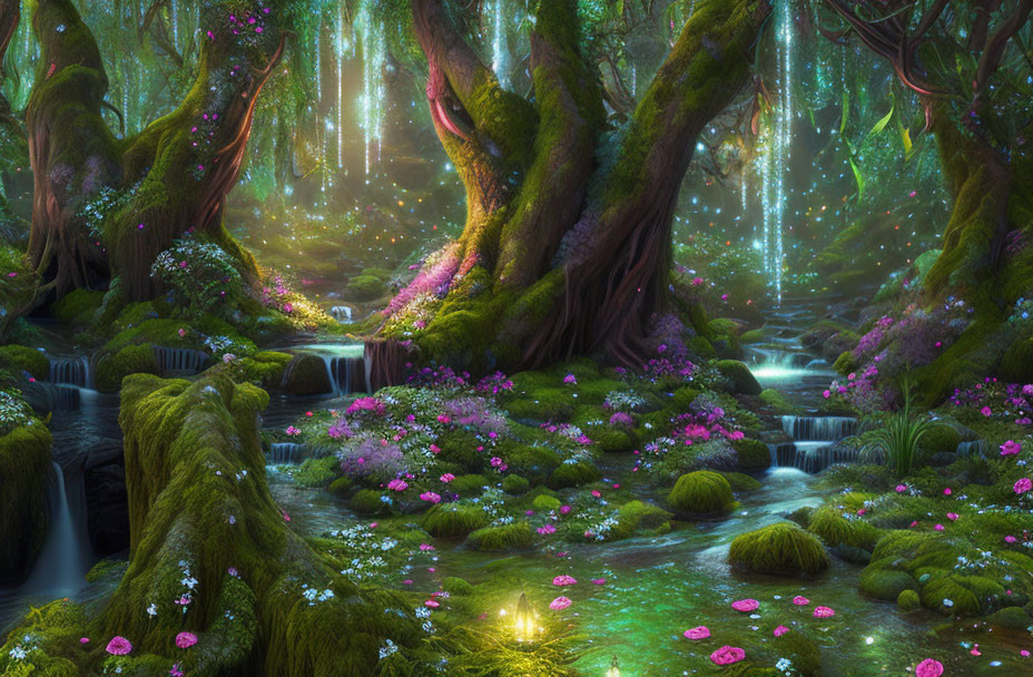 Lush Enchanted Forest with Moss-Covered Trees and Waterfalls