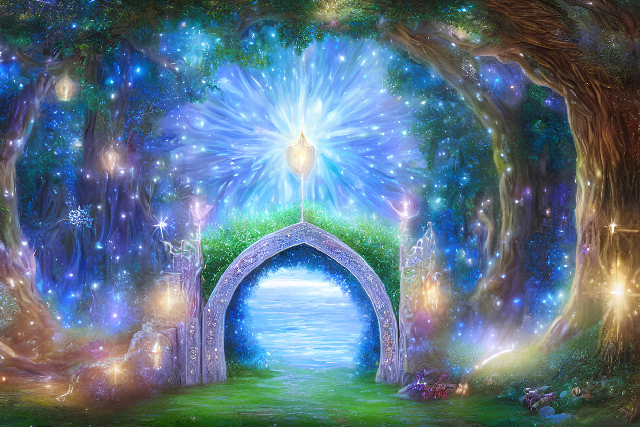 Enchanting Fantasy Landscape with Illuminated Archway & Mystical Trees