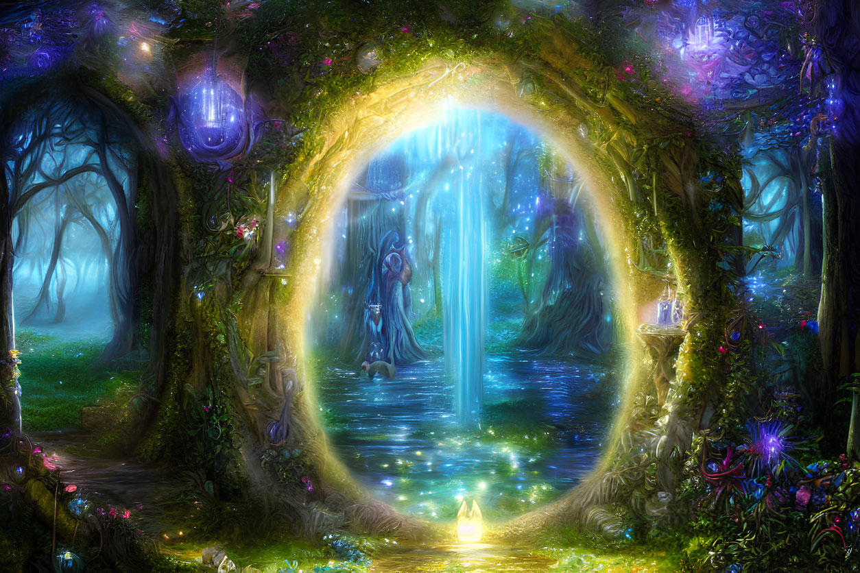Enchanted forest with glowing archway, luminescent flora, and serene figure surrounded by shimmer