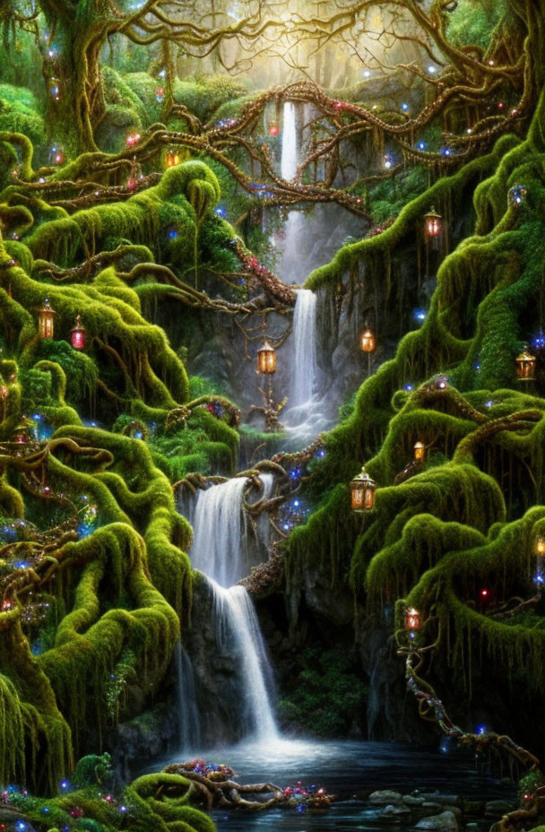 Moss-covered trees, waterfall, and lanterns in forest setting