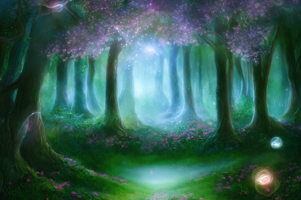 Enchanting forest glade with glowing orbs and purple blossoming trees