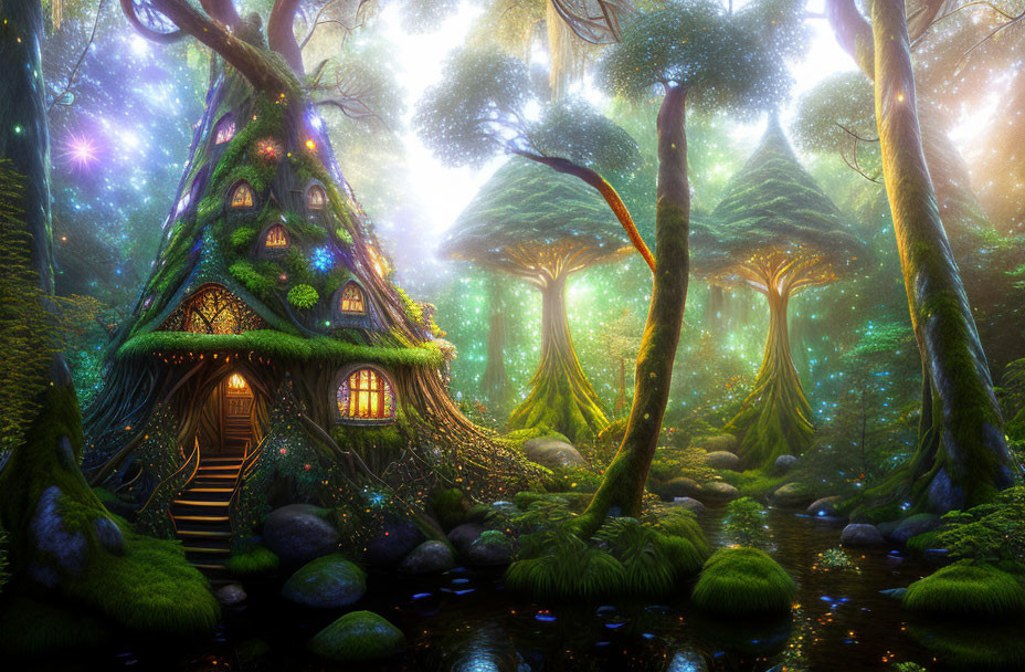 Enchanting treehouse in mystical forest with glowing trees and serene stream