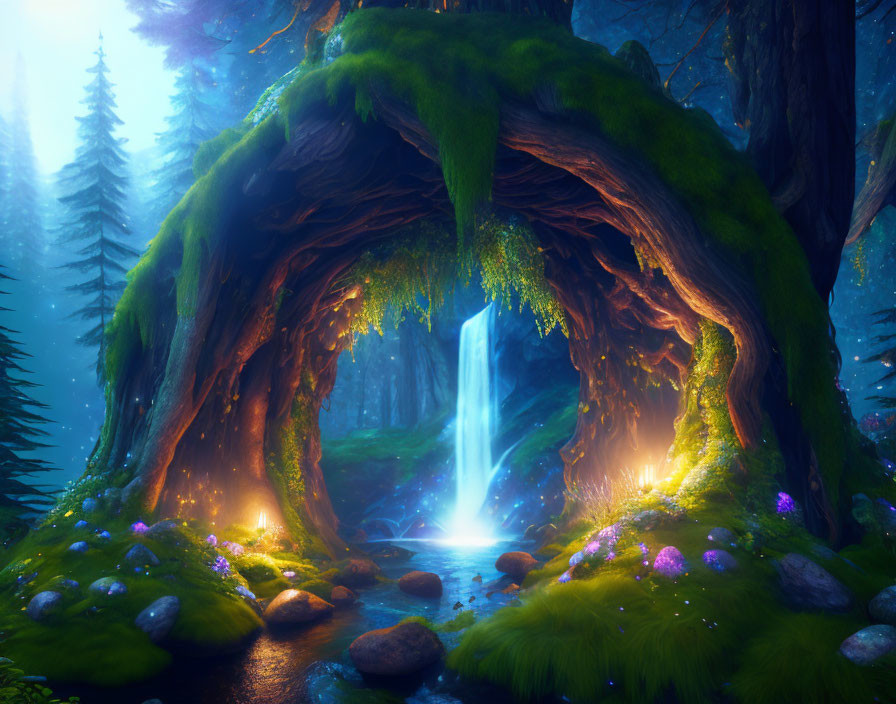 Enchanted forest scene with small waterfall and mystical lights