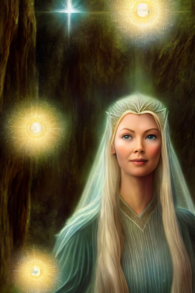 Blond-haired woman with crown in mystical forest surrounded by glowing orbs