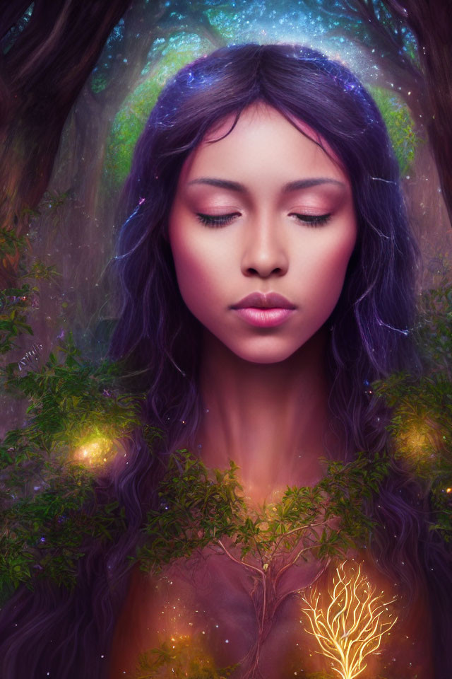 Purple-haired woman blending into mystical forest with golden tree.