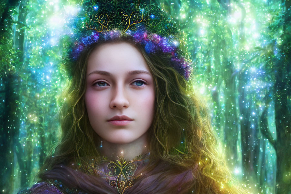 Mystical woman with floral crown in enchanted forest