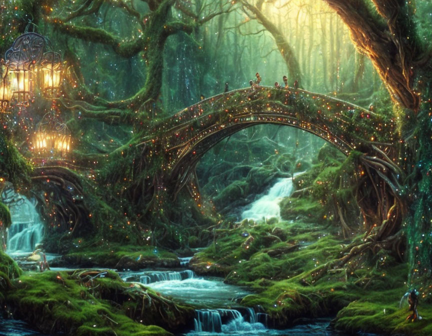 Enchanted forest scene with illuminated bridge and moss-covered trees