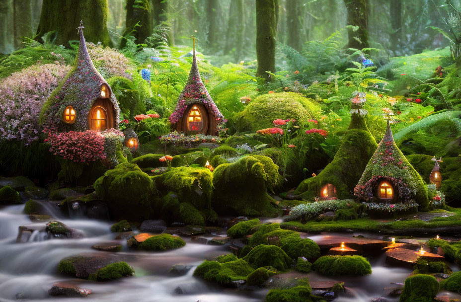 Enchanted Forest Scene with Fairy-Tale Cottages and Lush Greenery
