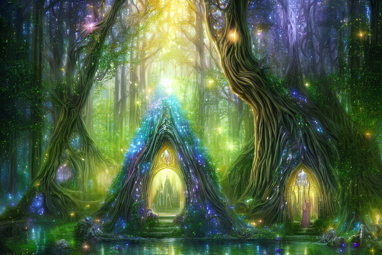 Enchanting Forest with Glowing Lights and Arched Trees