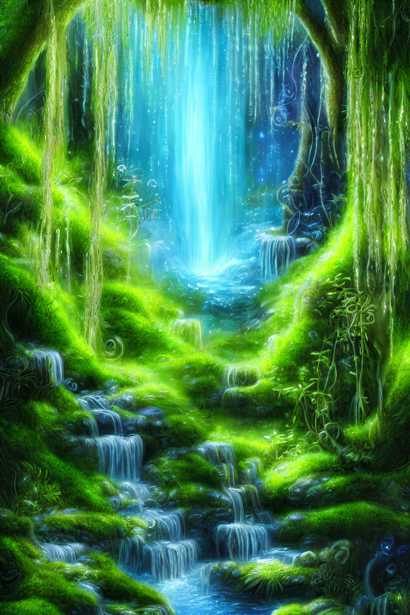 Mystical forest with glowing blue pond and waterfall