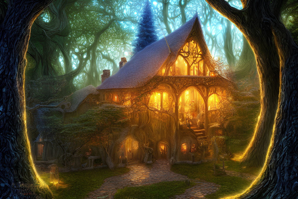 Cozy cottage in mystical forest with warm light and twilight backdrop
