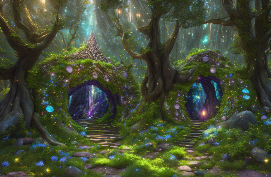 Enchanting forest with mystical tree portals and vibrant flowers