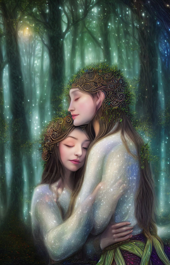 Ethereal figures with ornate crowns embrace in mystical forest