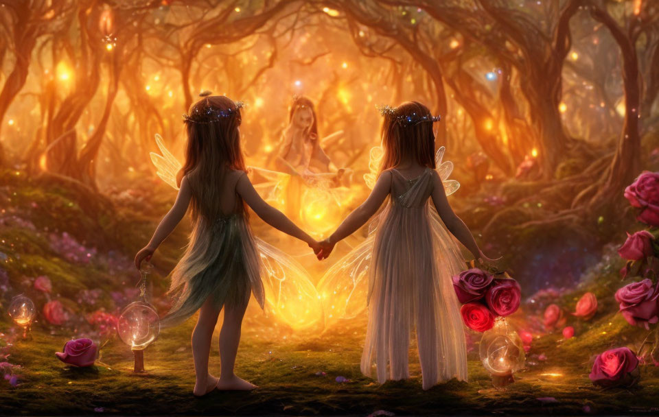 Young girls as fairies in enchanted forest at dusk
