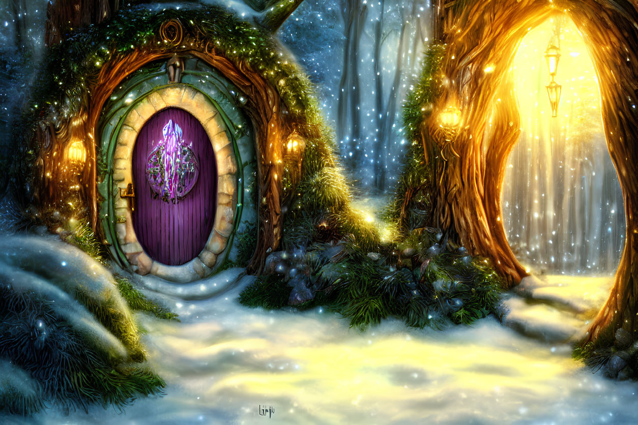 Winter scene with hobbit-style door in snowy tree, glowing light