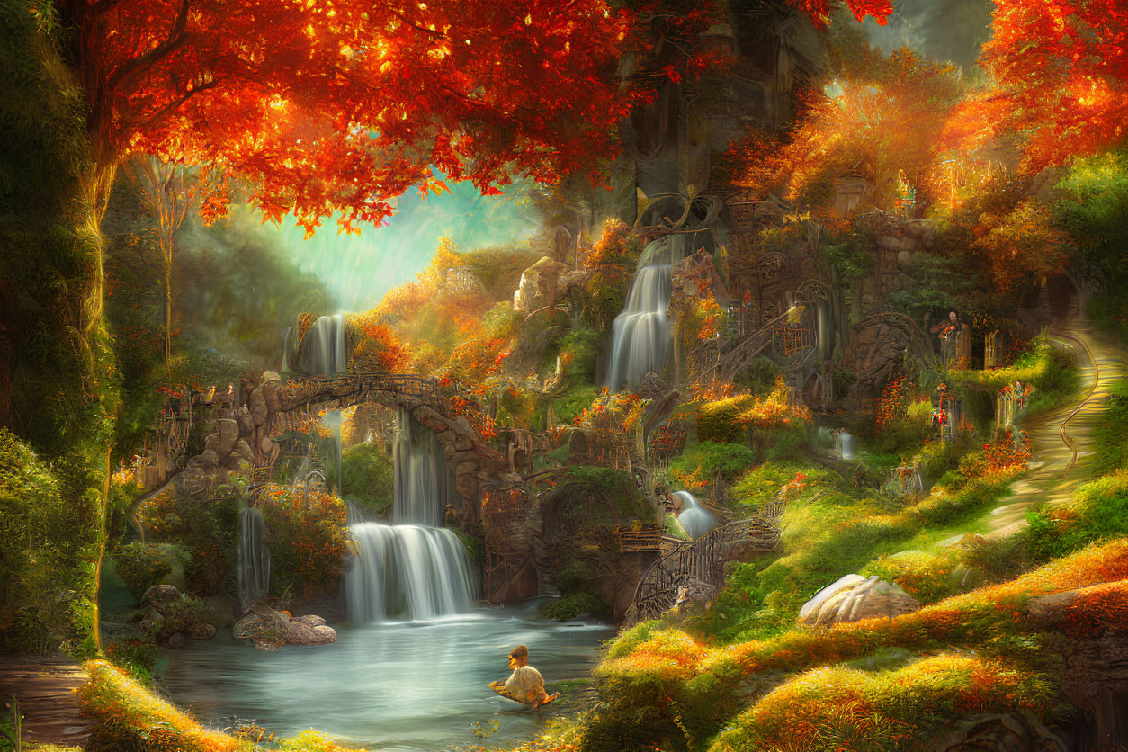 Tranquil autumn scene: waterfalls, stone bridge, vibrant foliage, animals in serene setting