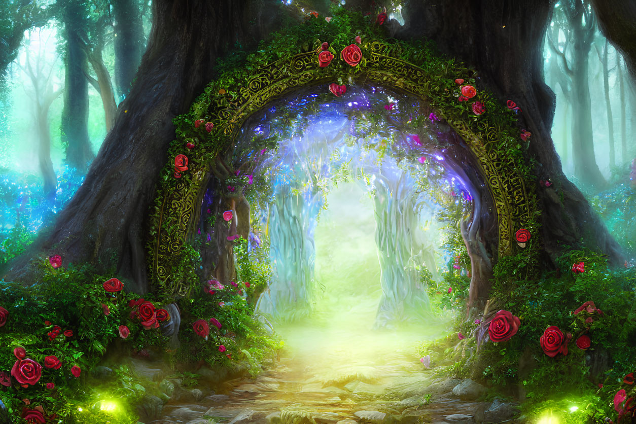 Enchanting forest pathway with mystical archway and glowing light